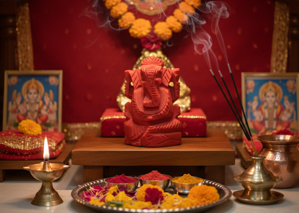 Red Coral Lord Ganesha Idol Side View